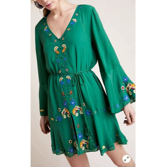 Farm Rio Green Jessalyn Embroidered Dress, Size Small, Bohemian Boho Flowy - Picture 1 of 8